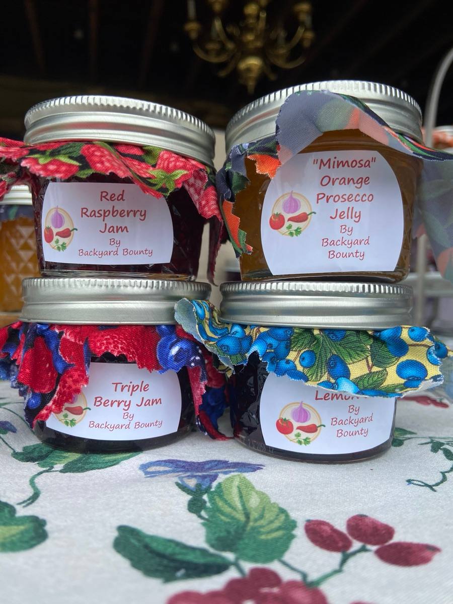 Jars of handmade preserves from Backyard Bounty.