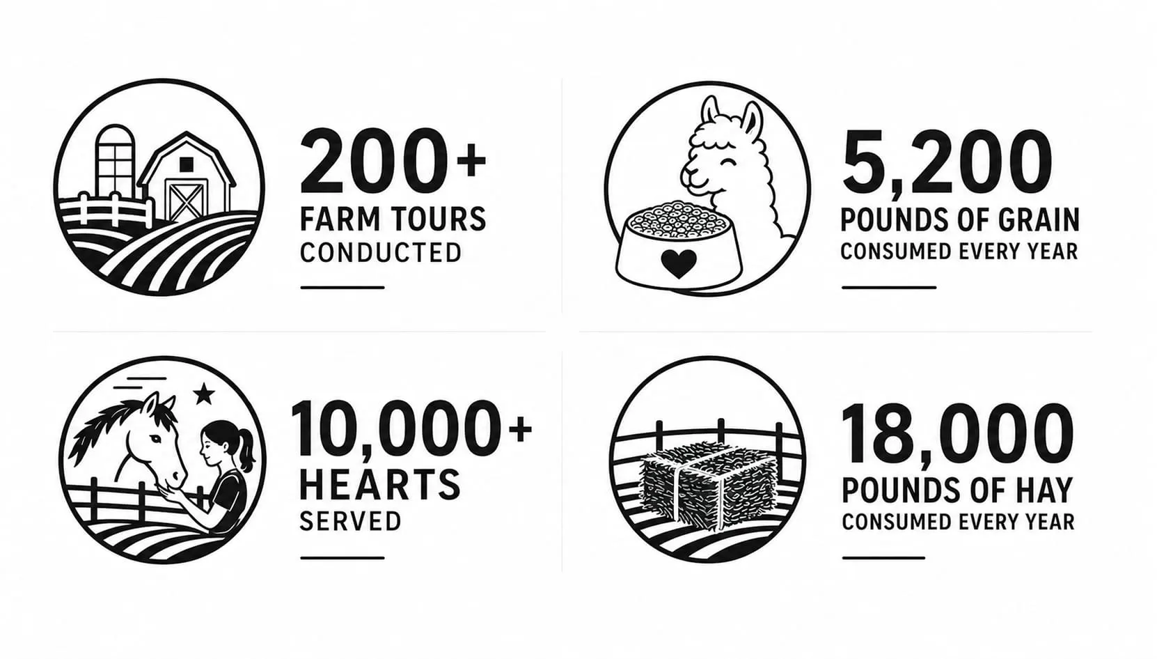 Robin's Nest Rescue by the numbers: 200+ farm tours conducted, 10,000+ hearts served, 5,200 pounds of grain consumed every year, and 18,000 pounds of hay consumed every year.