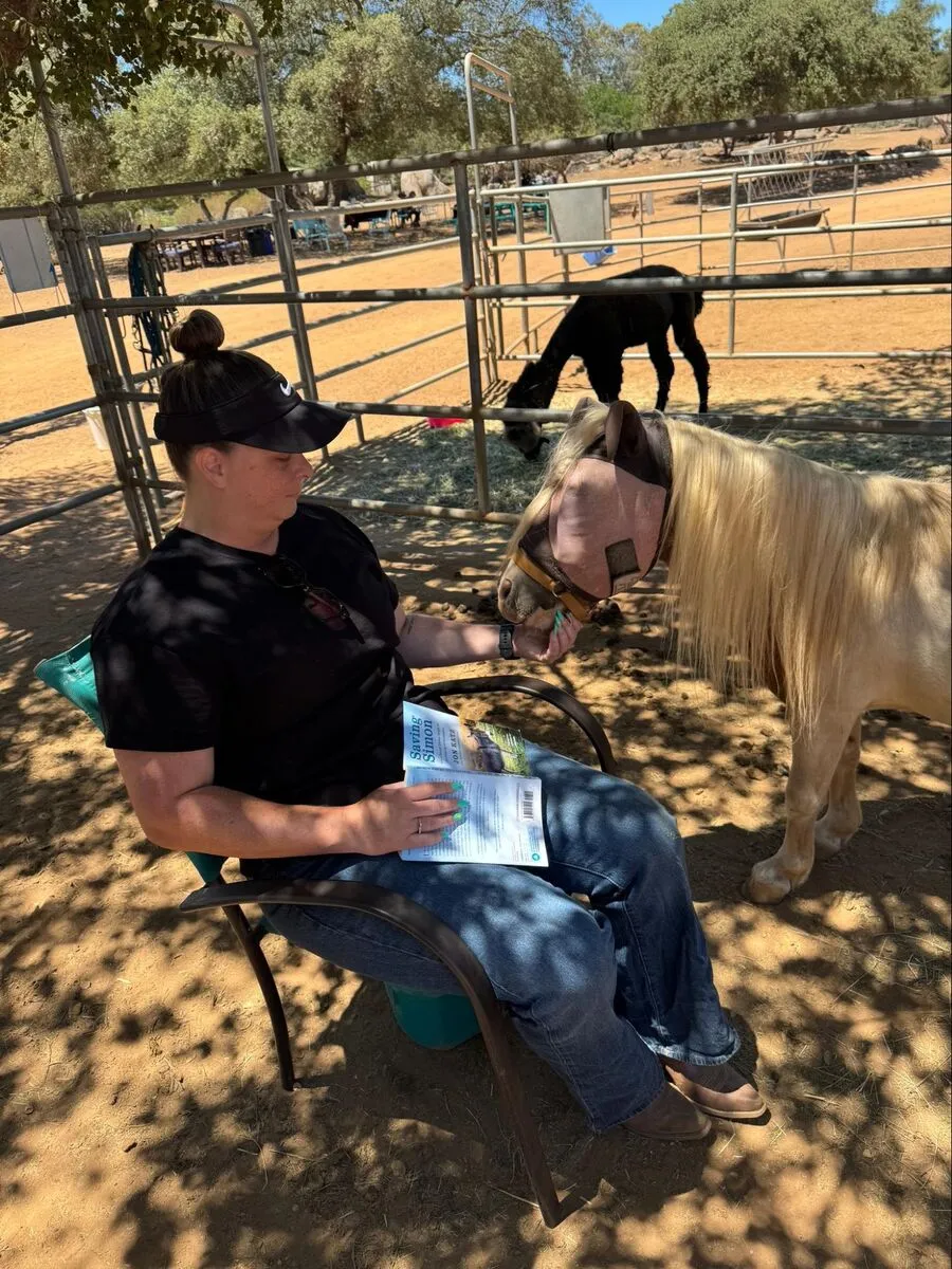A guest sharing a quiet one-on-one moment with a rescued sanctuary animal.