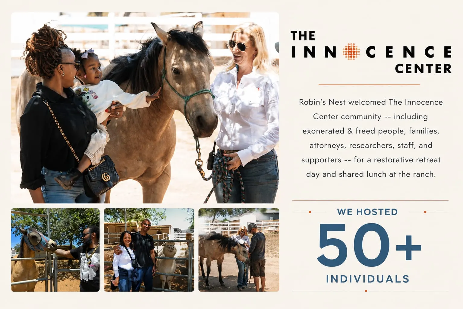 Robin's Nest welcomed The Innocence Center community — including exonerated and freed people, families, attorneys, researchers, staff, and supporters — for a restorative retreat day and shared lunch at the ranch. We hosted 50+ individuals.