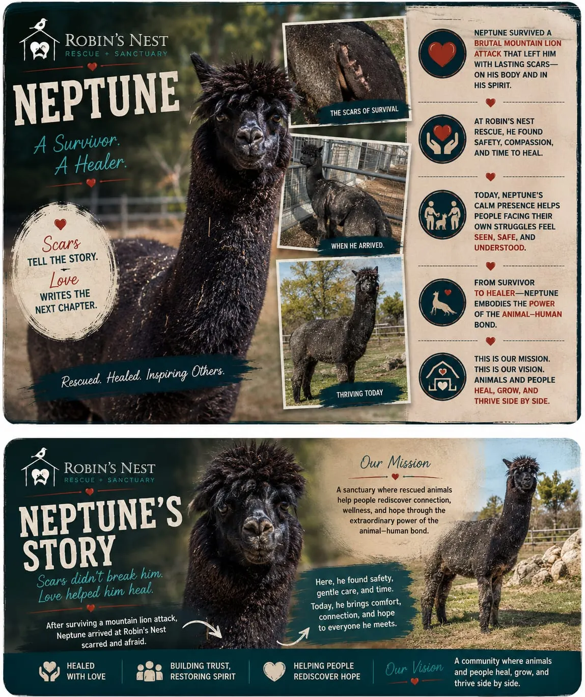 Infographic about Neptune the alpaca: a survivor of a brutal mountain lion attack whose scars tell his story. With safety, gentle care, and time he healed, and now his calm presence helps people facing their own struggles feel seen, safe, and understood — embodying Robin's Nest's vision that animals and people heal side by side.