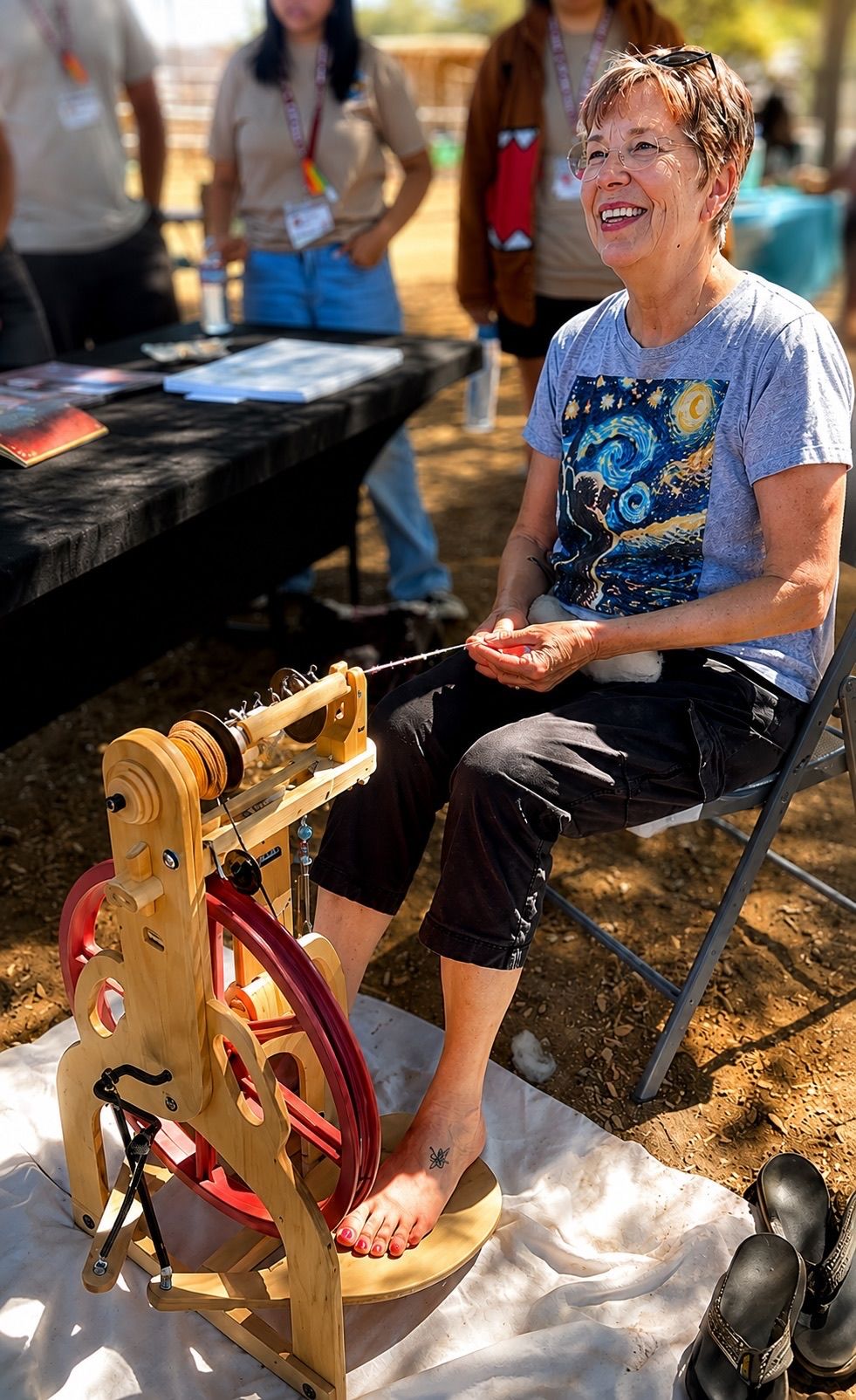 Rochelle Hancock spinning alpaca fiber on a wooden spinning wheel.