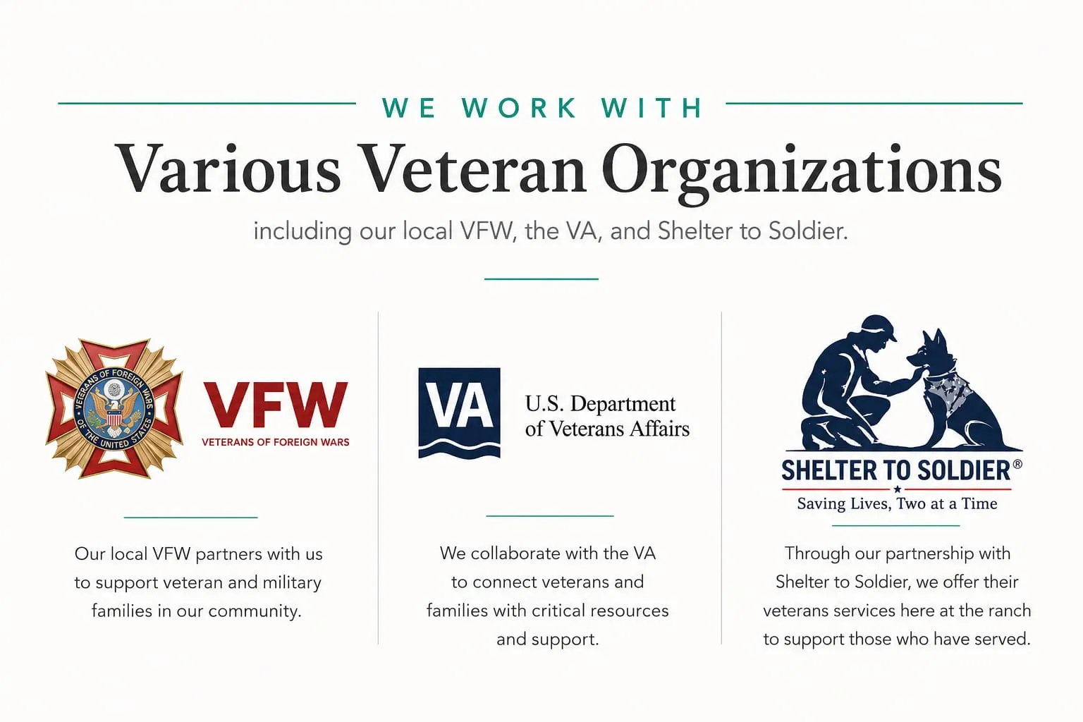 Robin's Nest works with various veteran organizations including the local VFW (Veterans of Foreign Wars), the U.S. Department of Veterans Affairs, and Shelter to Soldier.