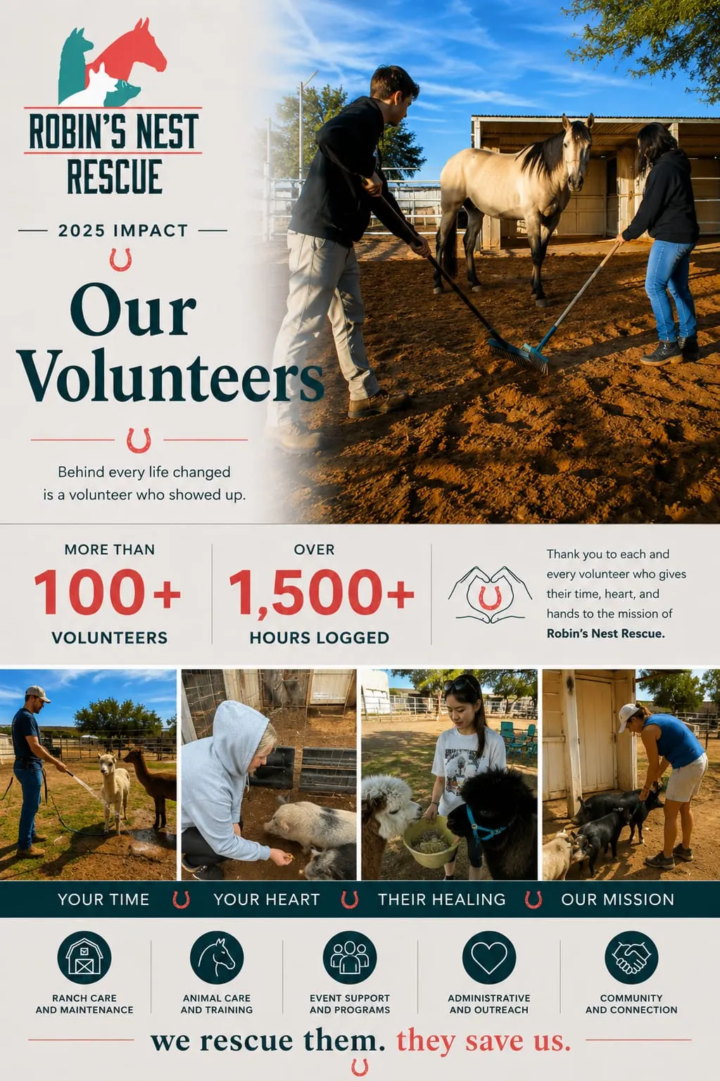 Robin's Nest Rescue 2025 volunteer impact: more than 100 volunteers, over 1,500 hours logged, and four pillars of contribution — ranch care and maintenance, animal care and training, event support and programs, administrative and outreach, and community and connection.